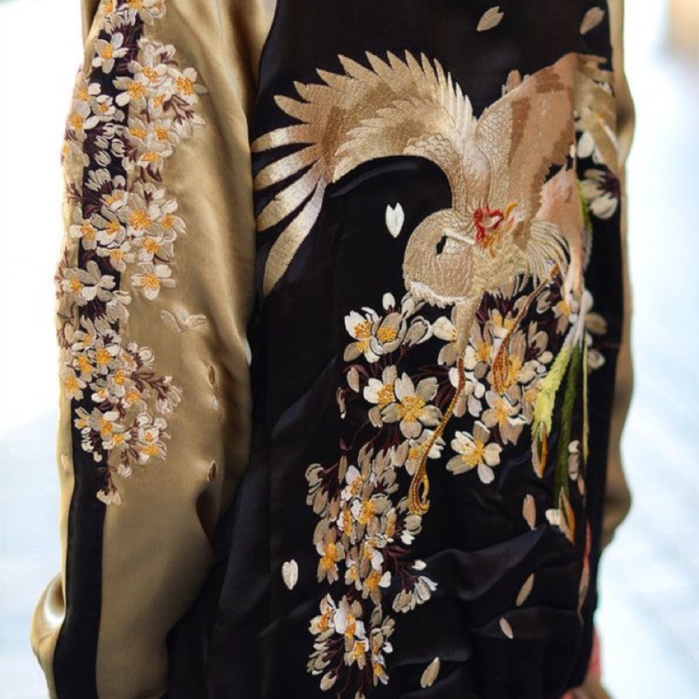 Embroidered satin Asian bomber jacket